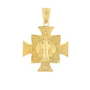 Solid 10k Yellow Gold St. Benedict of Nursia Maltese Cross Charm Pendant (0.97")