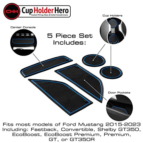 CupHolderHero fits Ford Mustang Accessories 2015-2023 Premium Custom Interior Non-Slip Anti Dust Cup Holder Inserts, Center Console Liner Mats, Door Pocket Liners 5pc Set (Blue Trim)