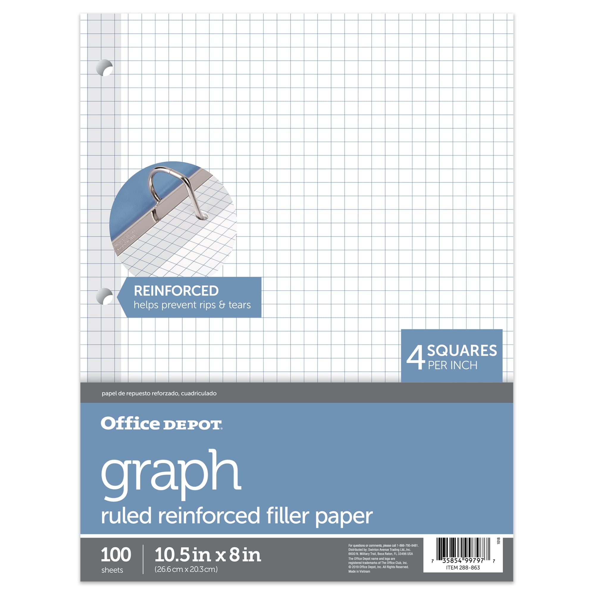 Office Depot® Brand Reinforced Filler Paper, 8" x 10 1/2", 16 Lb, Quadrille Ruled, White, Pack of 100