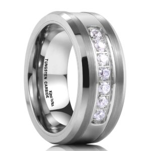 king will gem 8mm white tungsten ring unisex wedding band polished beveled edge cz stone channel set(13.5)