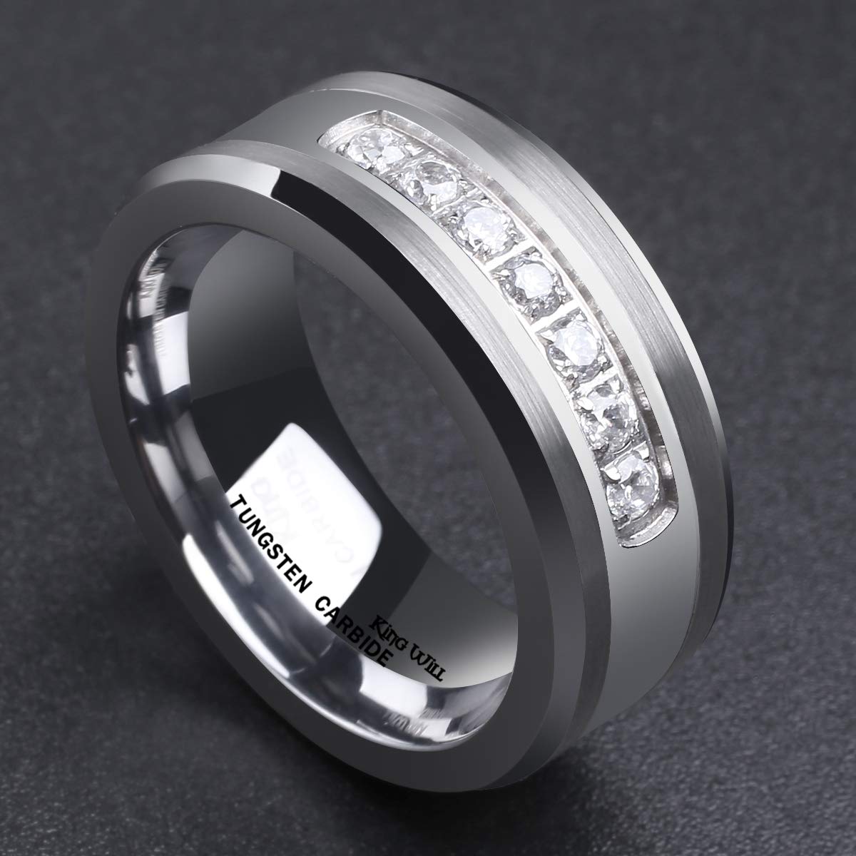 King Will GEM 8mm White Tungsten Ring Unisex Wedding Band Polished Beveled Edge CZ Stone Channel Set(13.5)