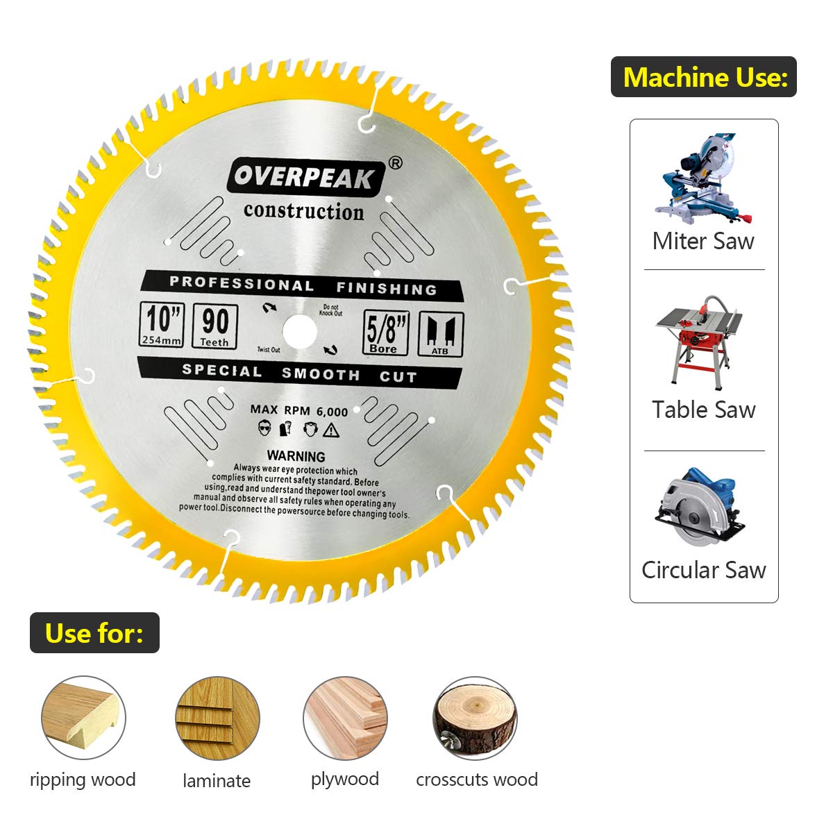 Overpeak 10-Inch Table Saw Blade ATB Ultra Fine Finishing 90 Teeth Wood Cutting Circular Saw Blades