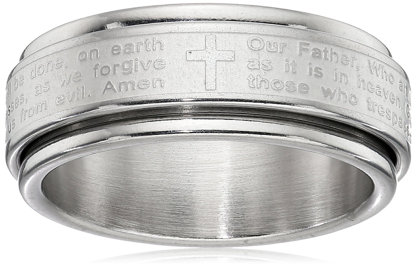 Amazon Essentials Steeltime Men's 18k Gold Plated Our Father Prayer Spinner Band Ring,Silver,8, (previously Amazon Collection)