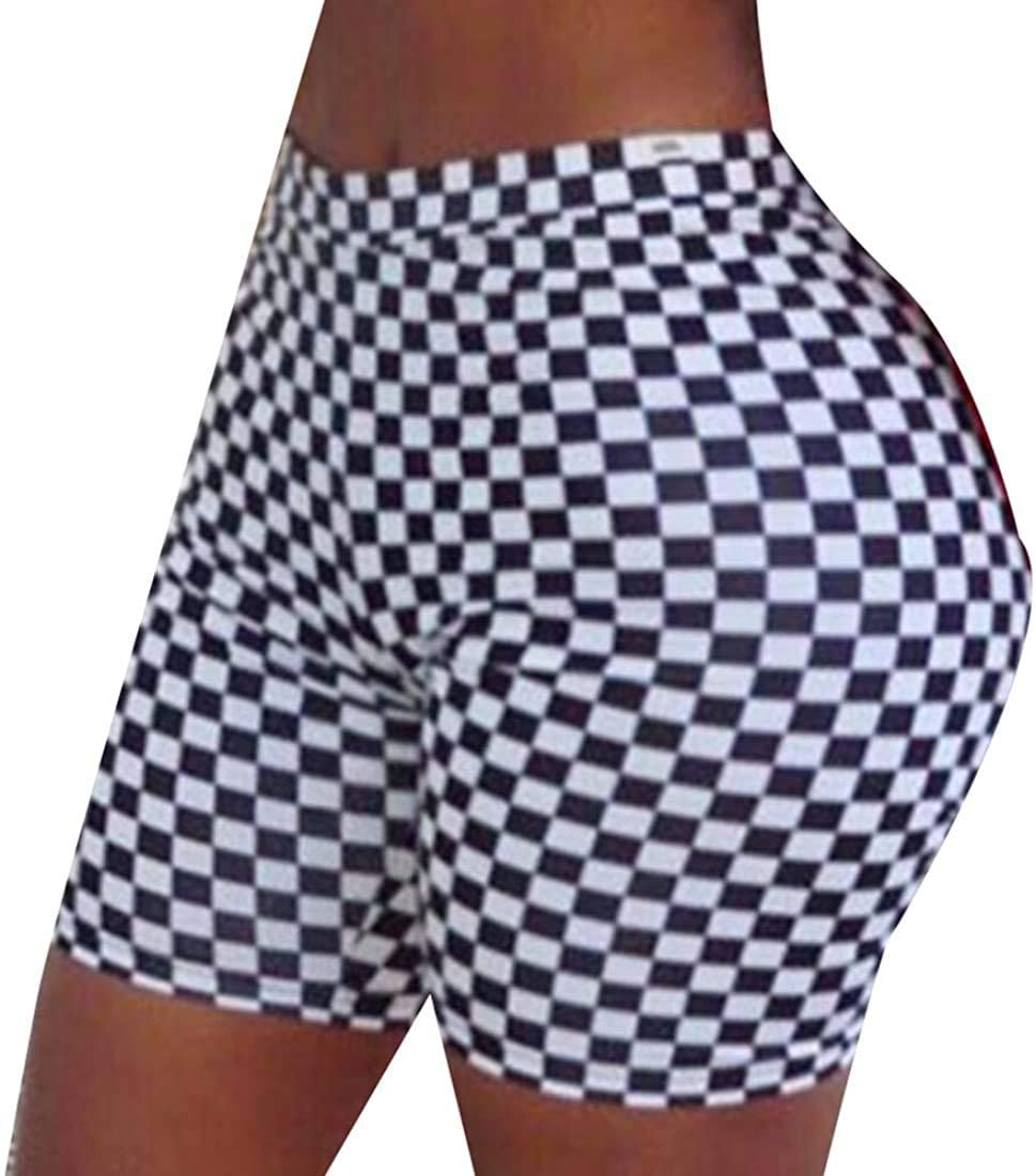 WSPLYSPJY Womens Checkerboard Printed Bodycon Short Pant Yoga Shorts 1 L