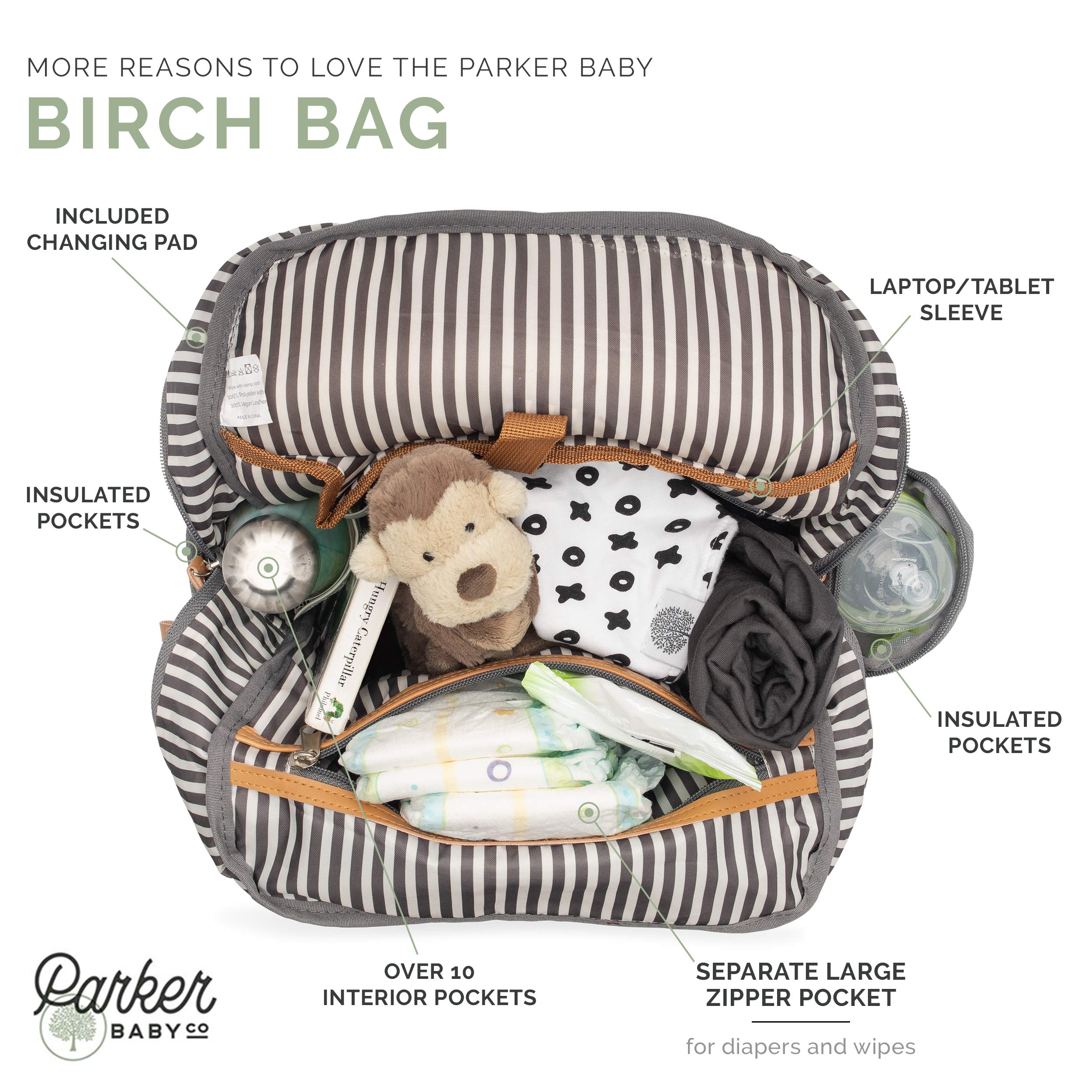 Parker Baby Diaper Backpack - Large Diaper Bag with Insulated Pockets, Stroller Straps and Changing Pad -"Birch Bag" - Cream