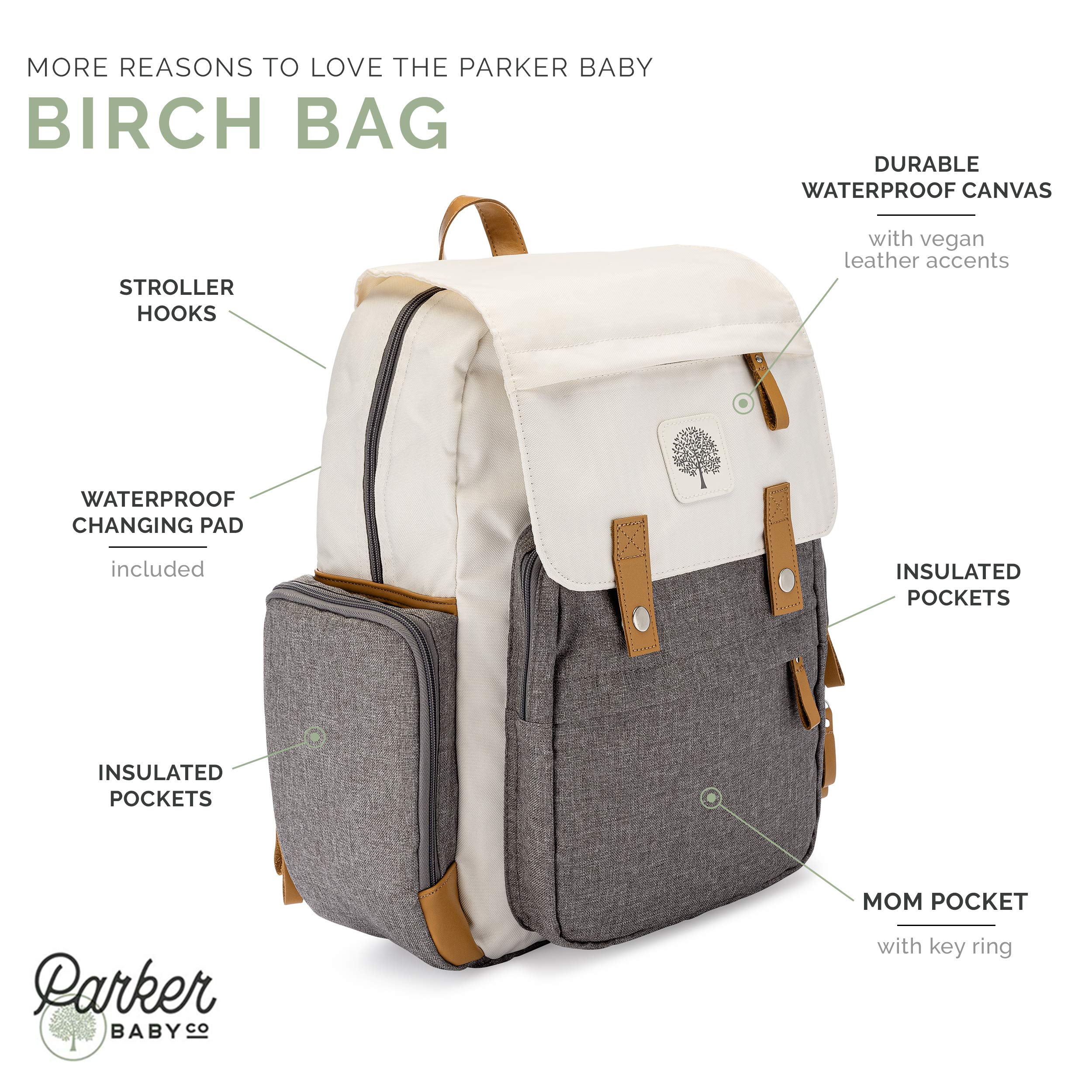 Parker Baby Diaper Backpack - Large Diaper Bag with Insulated Pockets, Stroller Straps and Changing Pad -"Birch Bag" - Cream