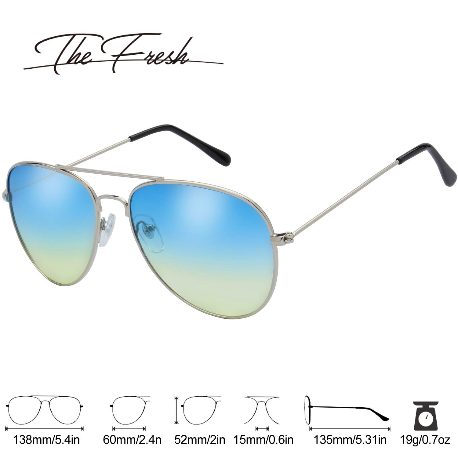 The Fresh Classic Metal Frame Oceanic Color Lens Aviator Sunglasses with Gift Box (Silver, Blue/Yellow)