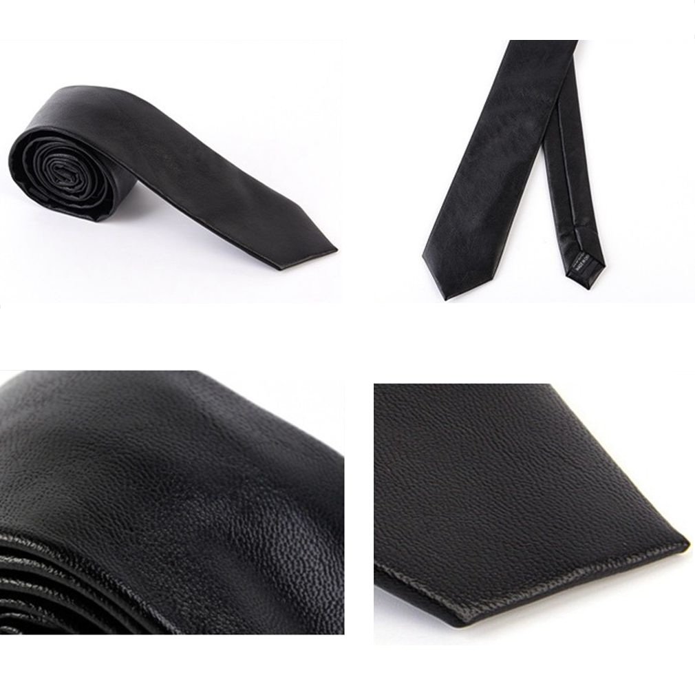 Hello Tie Men's Skinny Tie Handmade PU Leather Black Narrow Necktie