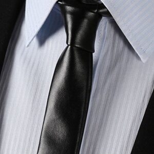 Hello Tie Men's Skinny Tie Handmade PU Leather Black Narrow Necktie