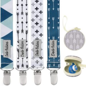 dodo babies pacifier clip set - four clips plus binky case – universal holder fits most paci brands, teether toys and car seats – blue and teal prints for girls or boys