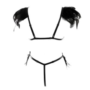 PETMHS Women Harness Feather Epaulette Bralette Strappy Full Body Frame Set Festival Rave Halloween Burning Man Wing (Black)