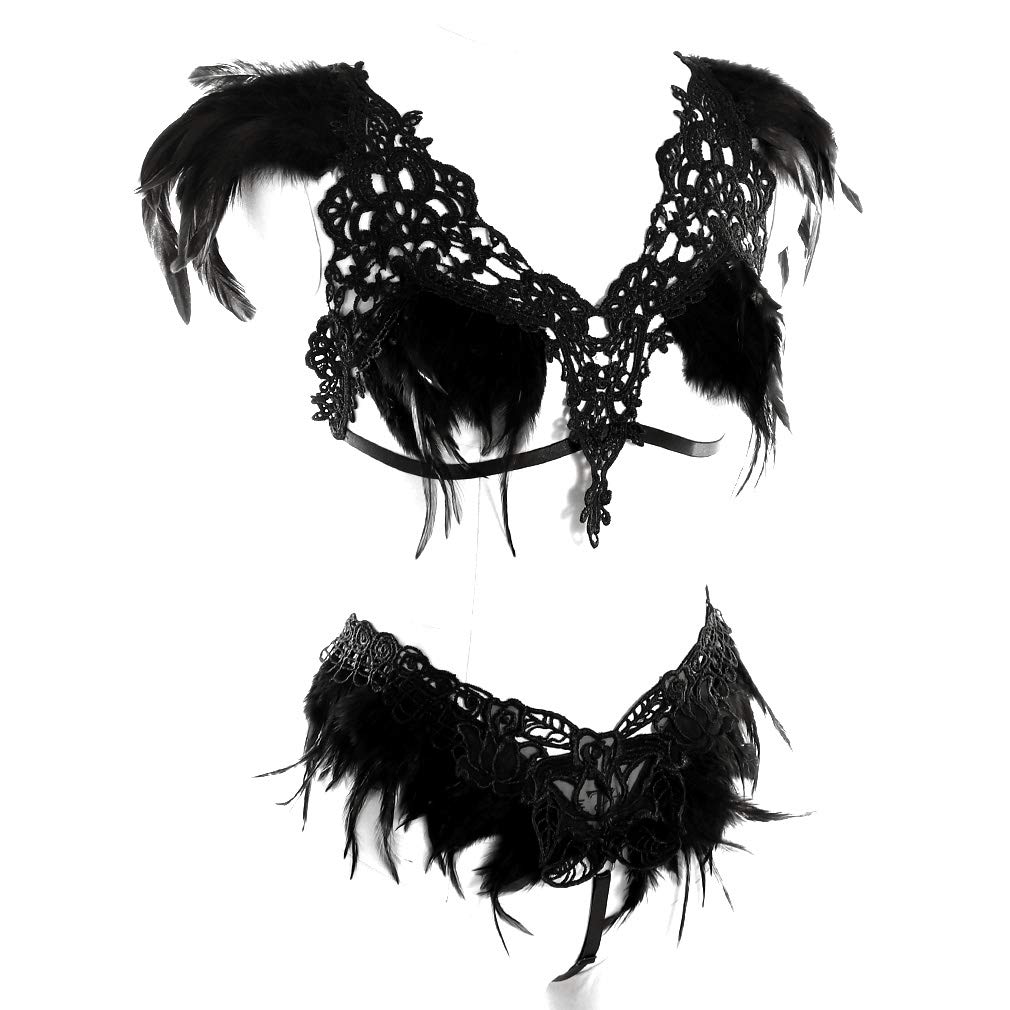 PETMHS Women Harness Feather Epaulette Bralette Strappy Full Body Frame Set Festival Rave Halloween Burning Man Wing (Black)