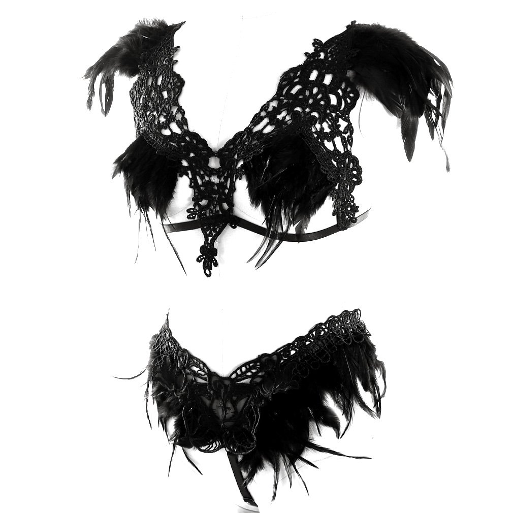 PETMHS Women Harness Feather Epaulette Bralette Strappy Full Body Frame Set Festival Rave Halloween Burning Man Wing (Black)