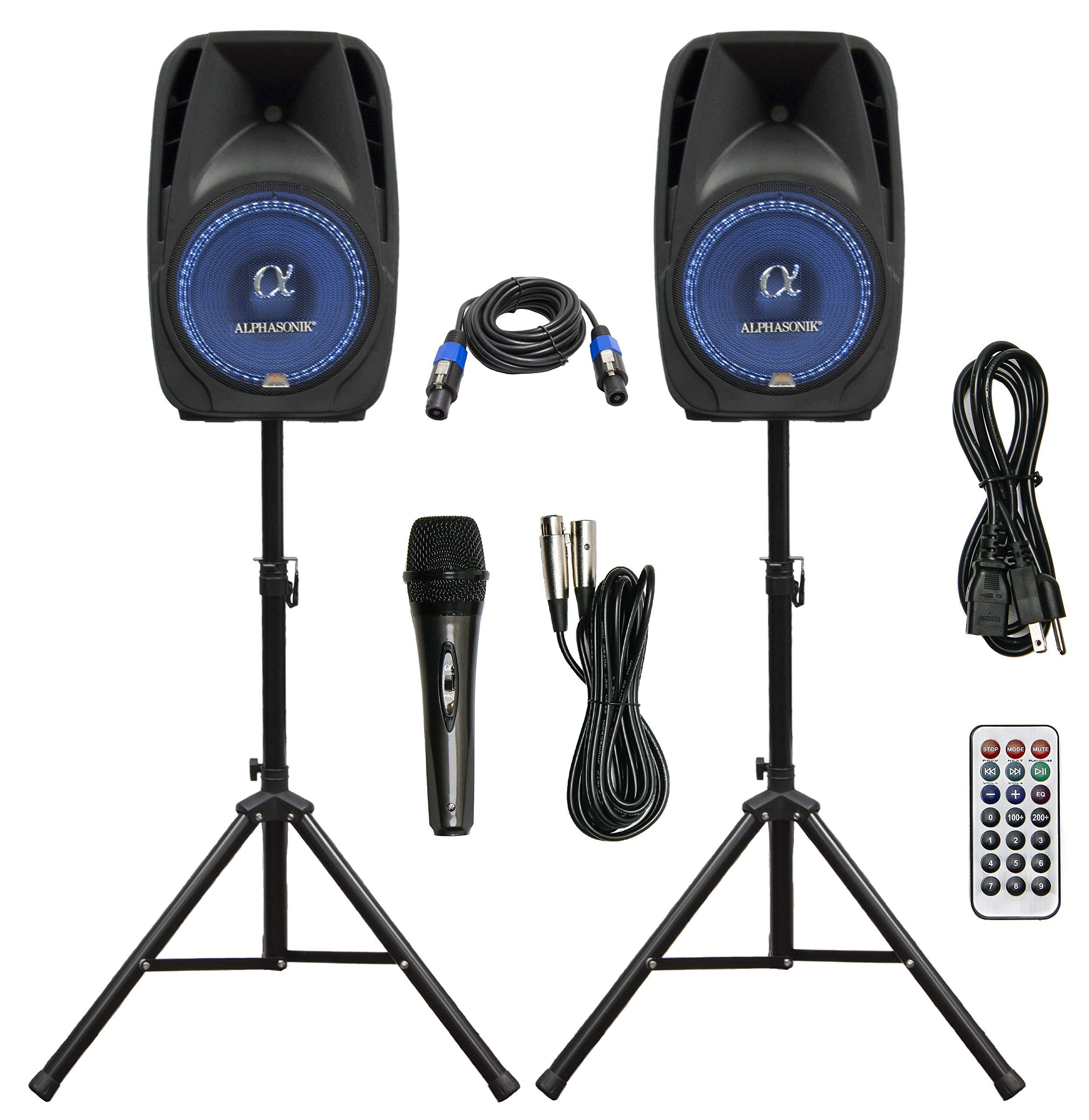 Pair Alphasonik All-in-one 12" Powered 1500W PRO DJ Amplified Loud Speakers with Bluetooth USB SD Card AUX MP3 FM Radio PA System LED Lights Karaoke Mic Guitar Amp 2 Tripod Stands Cable and Microphone