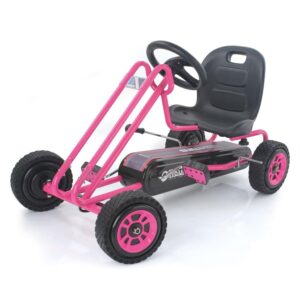 hauck lightning ride on pedal go kart toy with ergonomic adjustable bucket seat, handbrake, and sharp handling for boys and girls, pink