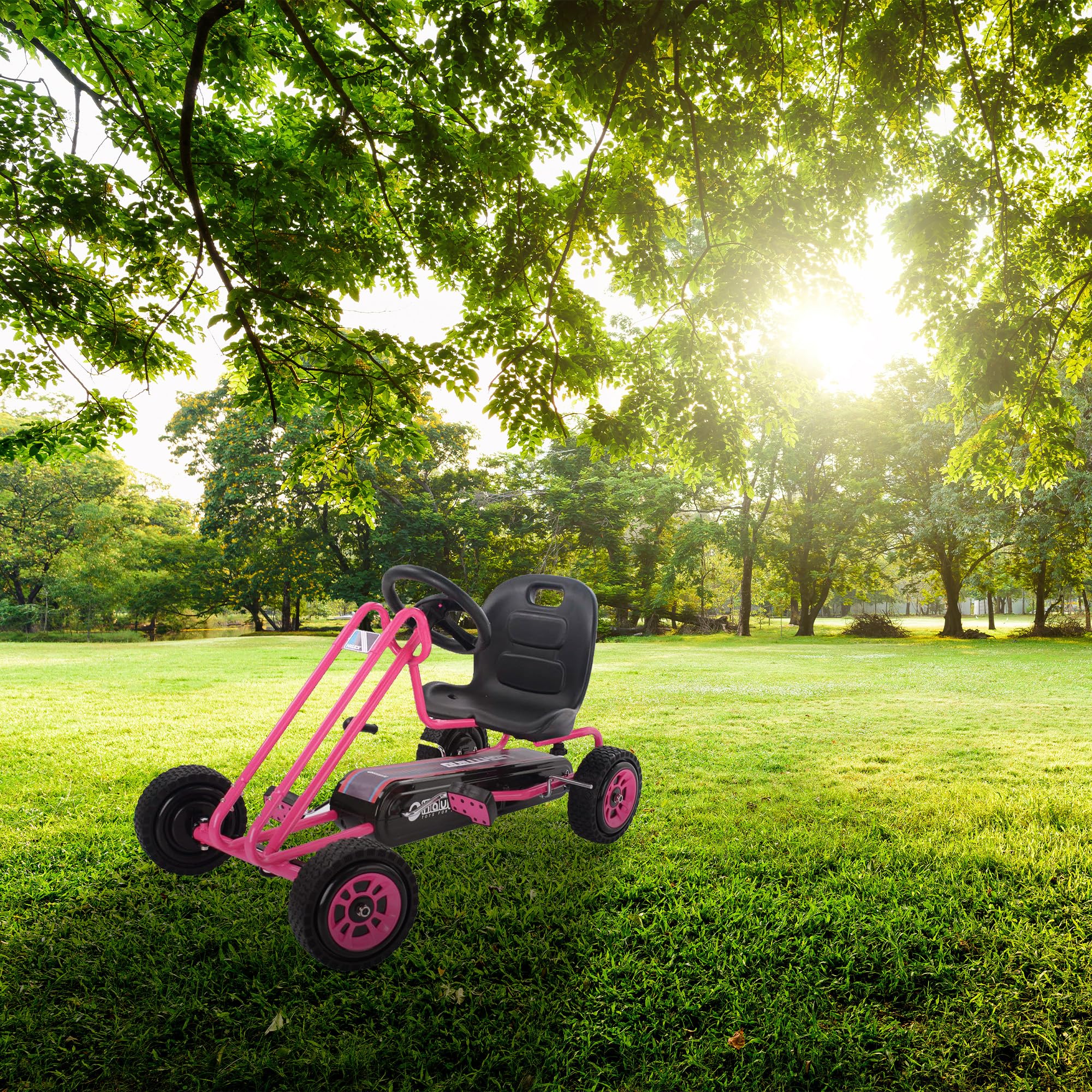 hauck Lightning Ride On Pedal Go Kart Toy with Ergonomic Adjustable Bucket Seat, Handbrake, and Sharp Handling for Boys and Girls, Pink