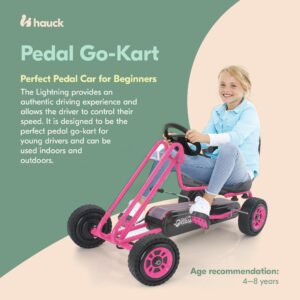 hauck Lightning Ride On Pedal Go Kart Toy with Ergonomic Adjustable Bucket Seat, Handbrake, and Sharp Handling for Boys and Girls, Pink