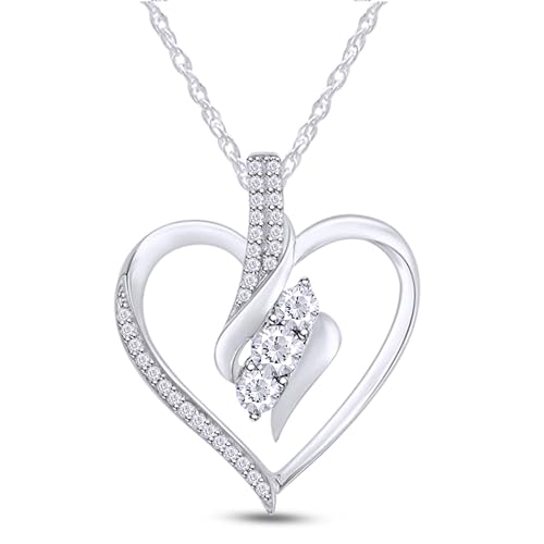 AFFY Diamond Heart Pendant Necklace | 3 Stone 1/4cttw Natural Diamond | 14K White Gold Over Sterling Silver (0.25 Ct) with Free 18" Chain For Women, Gift For Her