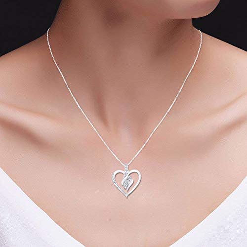 AFFY Diamond Heart Pendant Necklace | 3 Stone 1/4cttw Natural Diamond | 14K White Gold Over Sterling Silver (0.25 Ct) with Free 18" Chain For Women, Gift For Her