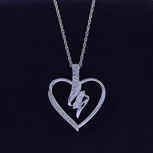 AFFY Diamond Heart Pendant Necklace | 3 Stone 1/4cttw Natural Diamond | 14K White Gold Over Sterling Silver (0.25 Ct) with Free 18" Chain For Women, Gift For Her