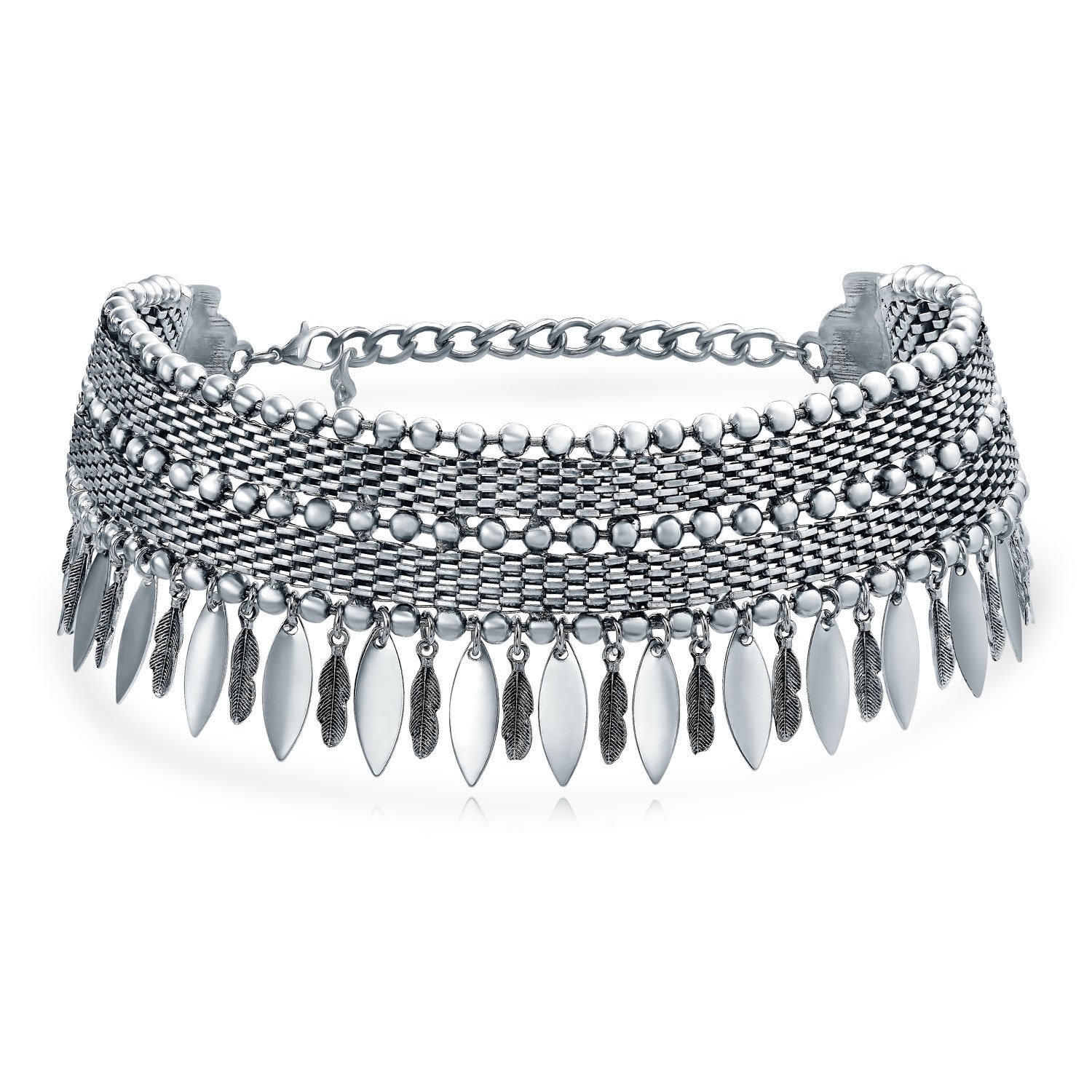 Native American Style Bohemian Boho Dangling Feather Wide Choker Necklace Western Jewelry for Women Teens Oxidized Silver Plated