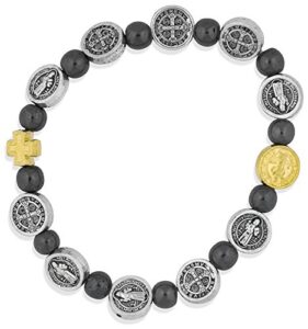 saint benedict stretch bracelet with genuine hematite beads made in italy