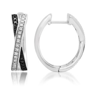 Sterling Silver Black and White Diamond 'X' Hoop Earrings (1/3 cttw., J-K Color, I2-I3 Clarity)