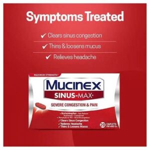 Maximum Strength Mucinex Sinus-Max Severe Congestion Relief Caplets, 20 Count, Clears Sinus & Nasal Congestion, Relieves Headache & Fever, Thins & Loosens Mucus