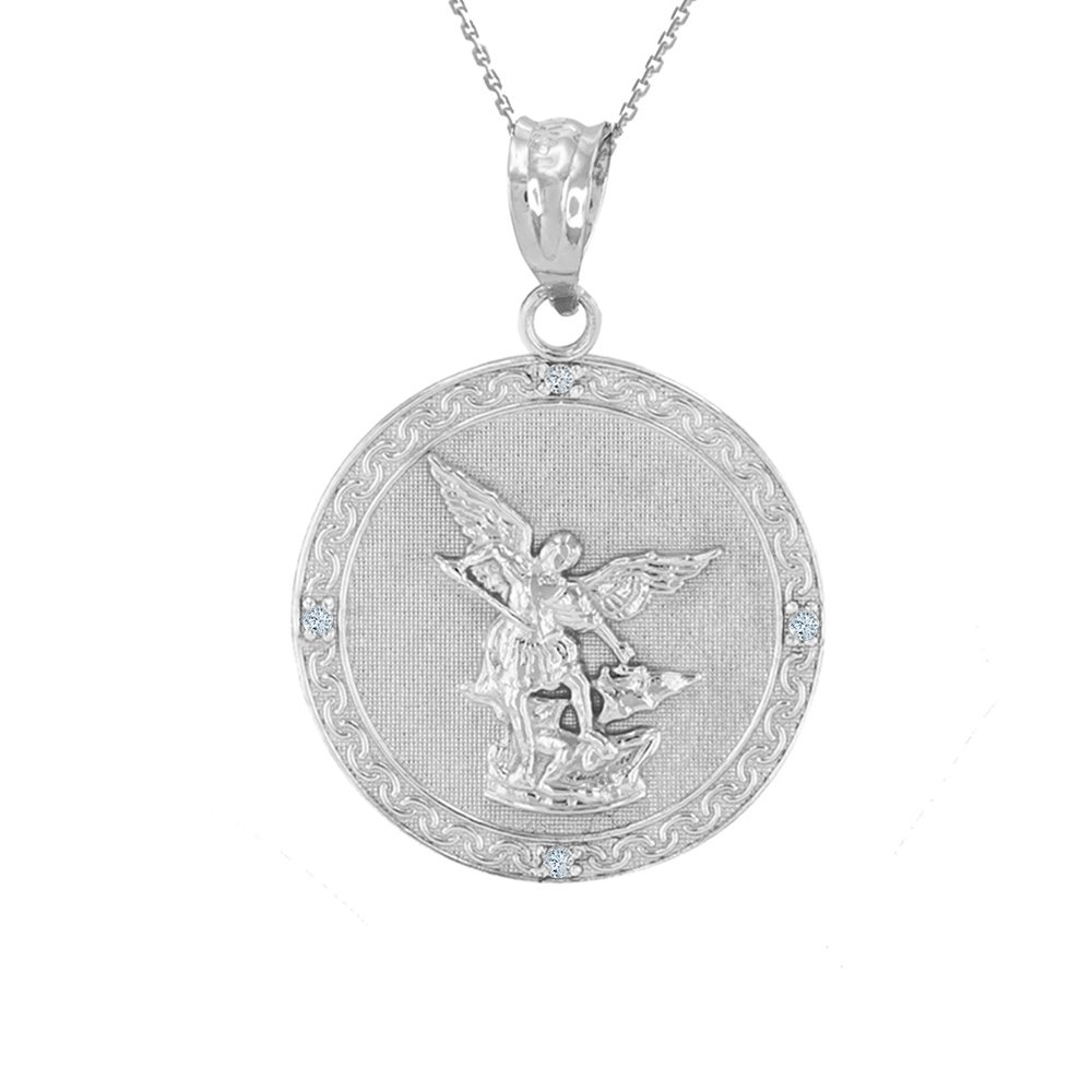 .925 Sterling Silver Saint Michael The Archangel Cubic Zirconia Medal Pendant (1"), 18"