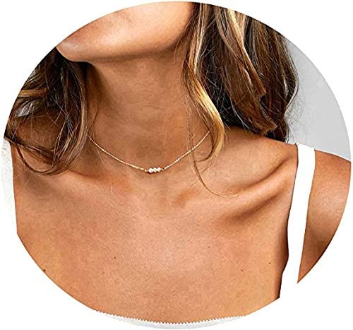 Befettly Womens 3 Mini Pearls Choker Necklace Handmade 14K Gold Fill Cute Elegant Simple Women Dainty Necklace CK2-3Pearls