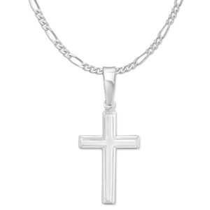 Silver Shoppe Jewelry Solid Sterling Silver Cross Necklace with 2mm Italian Figaro Chain For Women - 18