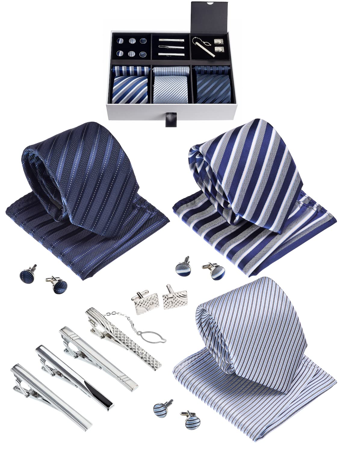 Premium Men’s Gift Tie Set Silky Necktie Pocket Squares Tie Clips Cufflinks For Men