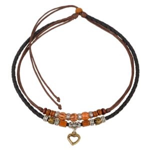 Ancient Tribe Leather and Hemp Cord Choker Necklace with Heart Pendant and Mixed Beads