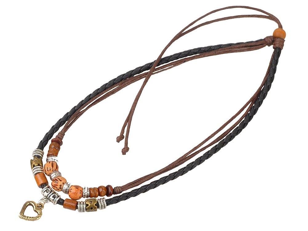 Ancient Tribe Leather and Hemp Cord Choker Necklace with Heart Pendant and Mixed Beads