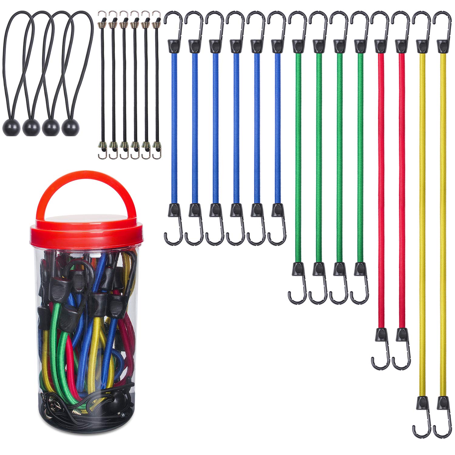 EFFICERE 24-Piece Premium Bungee Cord Assortment in Storage Jar - Includes 10”, 18”, 24”, 32”, 40” Bungee Cords and 8” Canopy/Tarp Ball Ties