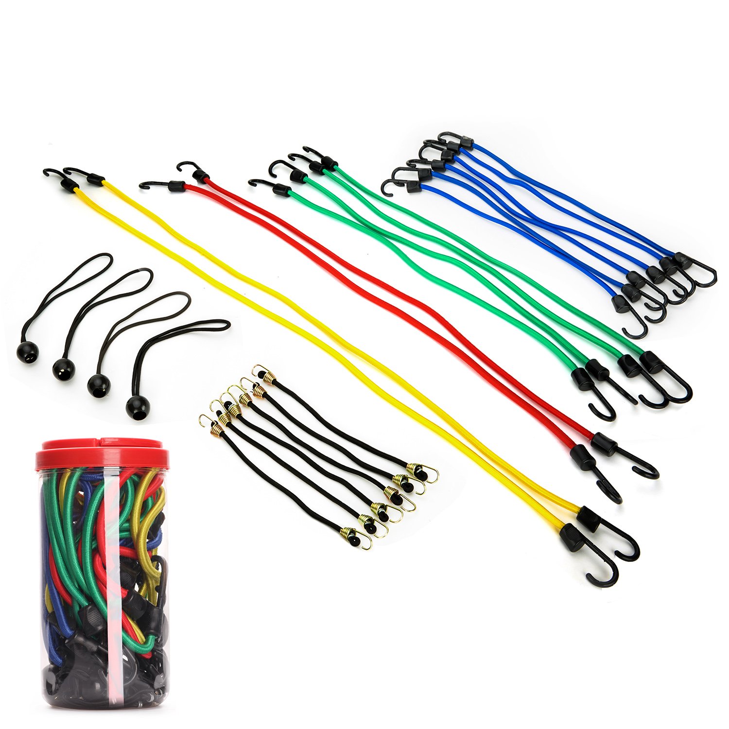 EFFICERE 24-Piece Premium Bungee Cord Assortment in Storage Jar - Includes 10”, 18”, 24”, 32”, 40” Bungee Cords and 8” Canopy/Tarp Ball Ties