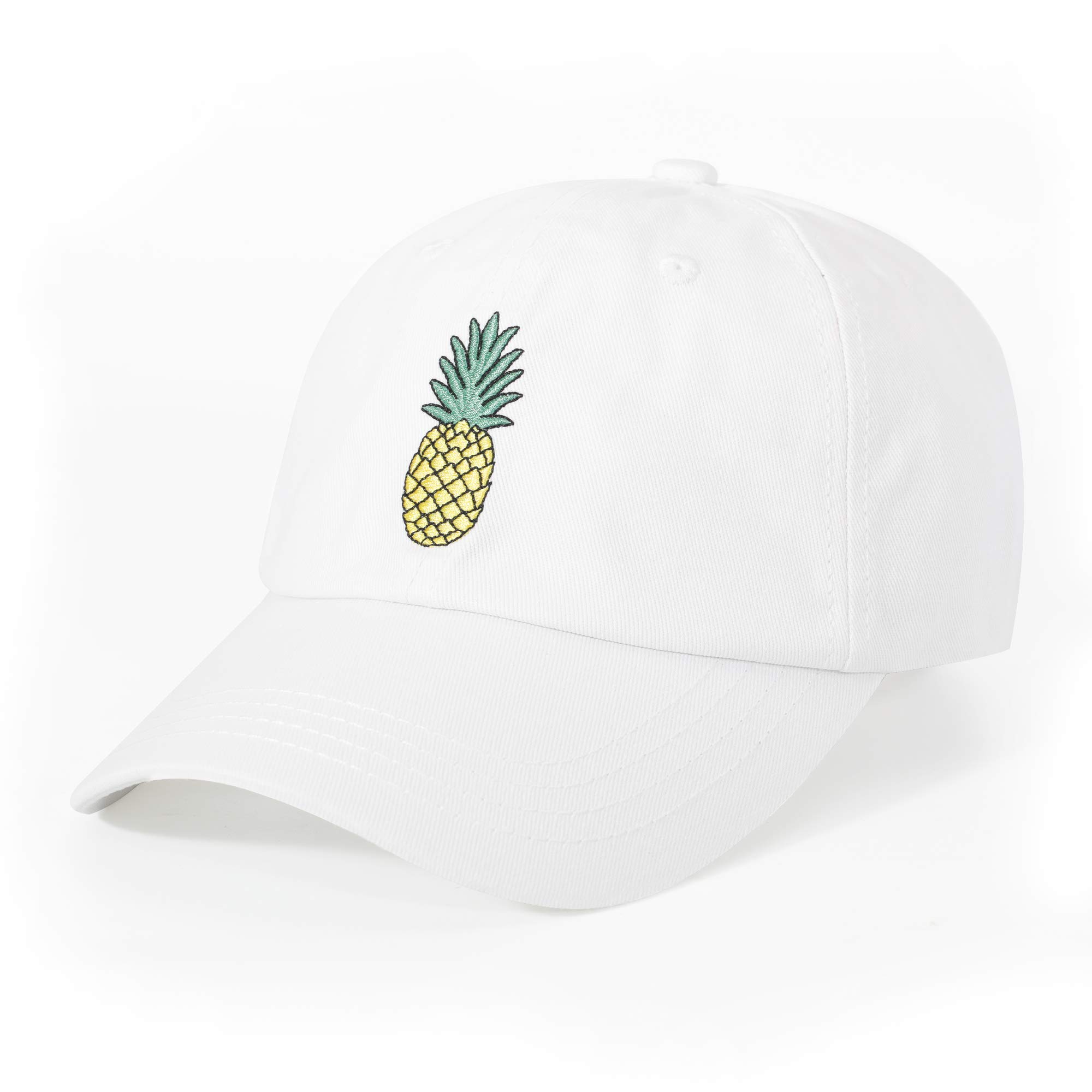 ZLYC Pineapple Embroidered Cotton Baseball Cap Adjustable Strapback Hat for Mens Womens, White