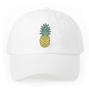 ZLYC Pineapple Embroidered Cotton Baseball Cap Adjustable Strapback Hat for Mens Womens, White