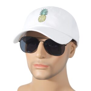 ZLYC Pineapple Embroidered Cotton Baseball Cap Adjustable Strapback Hat for Mens Womens, White