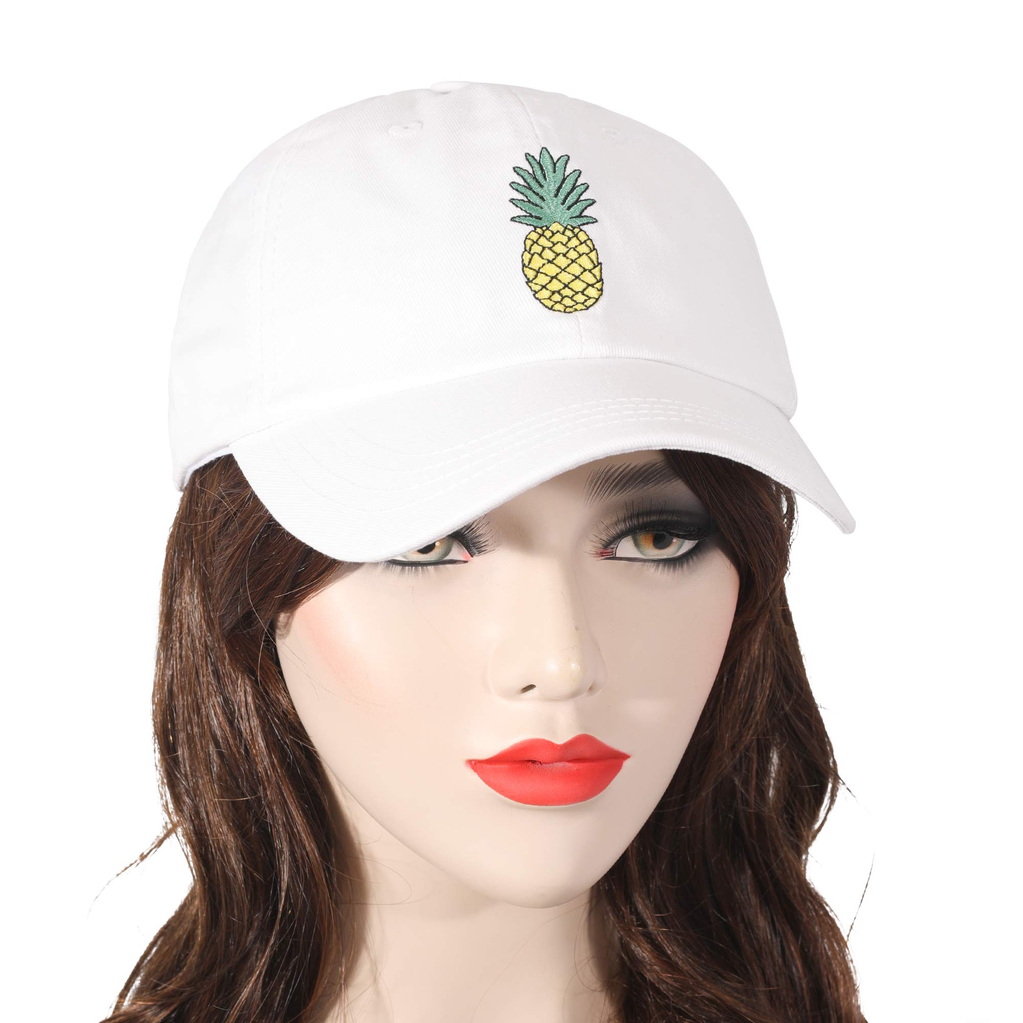 ZLYC Pineapple Embroidered Cotton Baseball Cap Adjustable Strapback Hat for Mens Womens, White