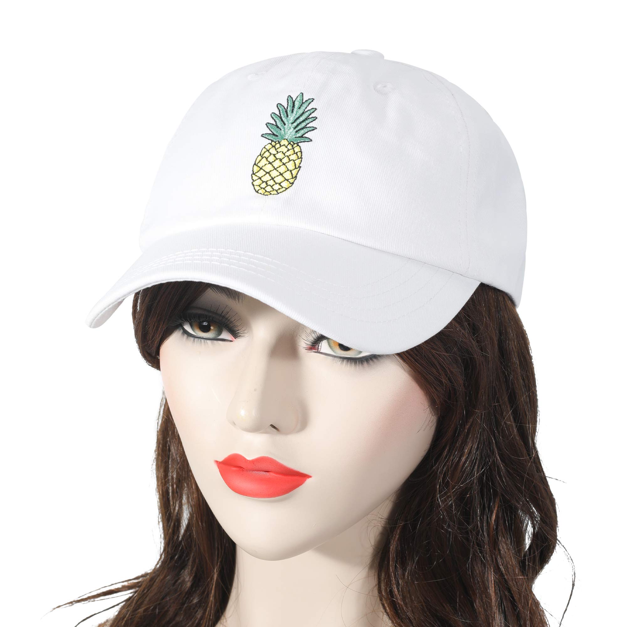 ZLYC Pineapple Embroidered Cotton Baseball Cap Adjustable Strapback Hat for Mens Womens, White