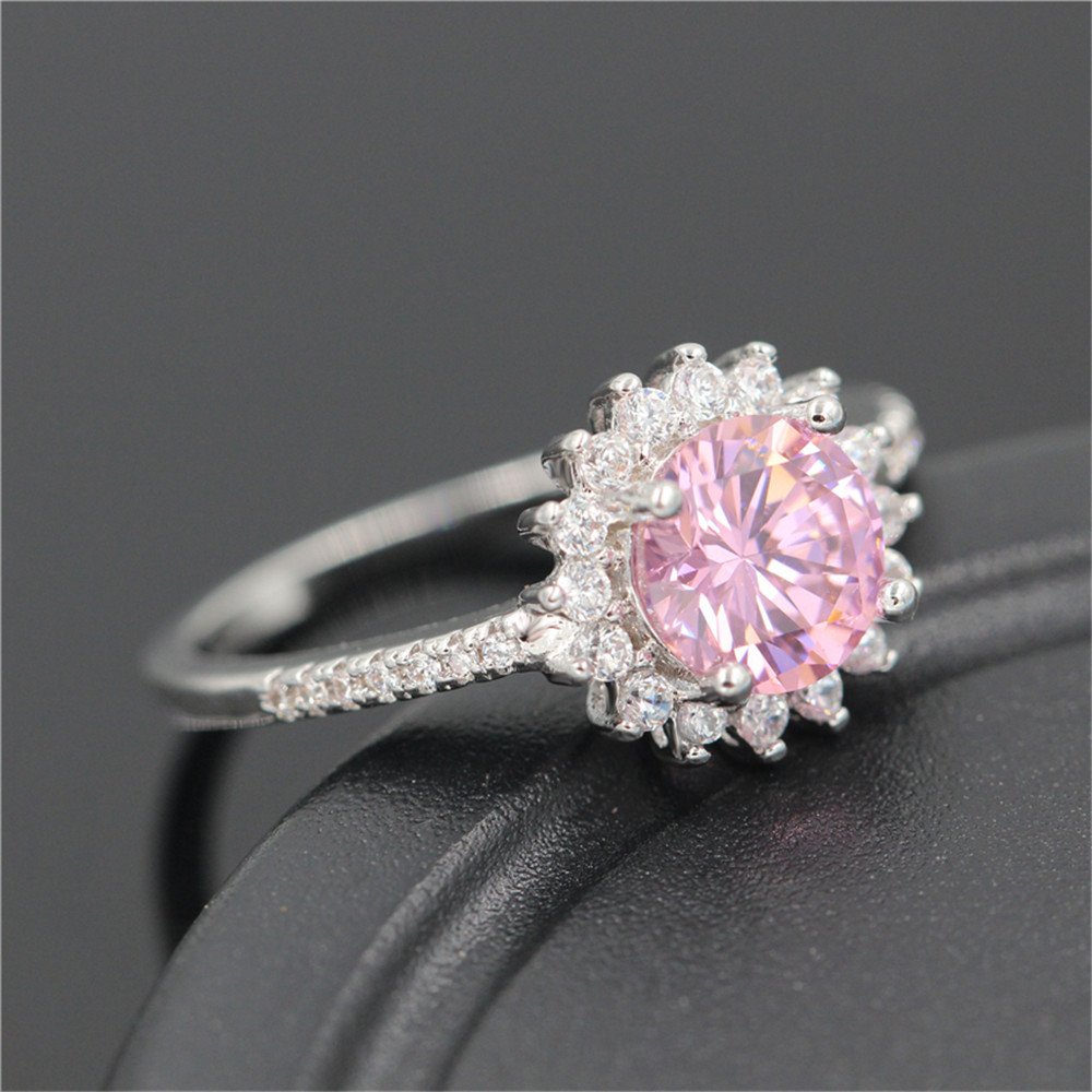 Uloveido Round Pink CZ Zircon Platinum Plated Engagement Wedding Band Ring for Women Fashion Jewelry (Size 6) Y3522