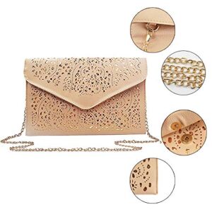 ZLMBAGUS Women Hollow Out Floral Pattern Envelope Handbag Fashion PU Tote Evening Clutch Chain Crossbody Shoulder Bag Beige