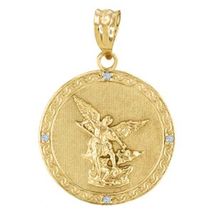 14K Yellow Gold Diamond Accented 1” Round Saint Michael The Archangel Medal Pendant Necklace (SI1-SI2 Clarity)