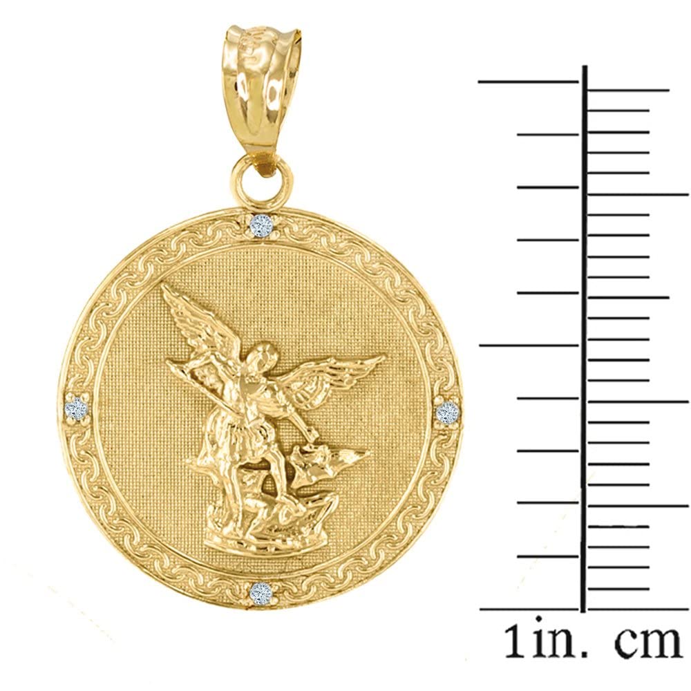 14K Yellow Gold Diamond Accented 1” Round Saint Michael The Archangel Medal Pendant Necklace (SI1-SI2 Clarity)