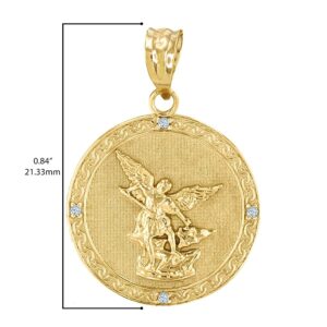 14K Yellow Gold Diamond Accented 1” Round Saint Michael The Archangel Medal Pendant Necklace (SI1-SI2 Clarity)