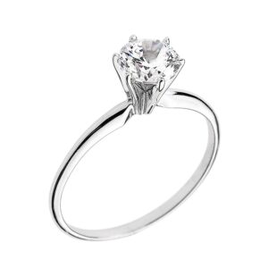 14k white gold round brilliant cut cubic zirconia solitaire 6 prong engagement ring with slender band - size 7-1/2