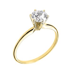 14k yellow gold round brilliant cut cubic zirconia solitaire 6 prong engagement ring with slender band - size 4-1/2