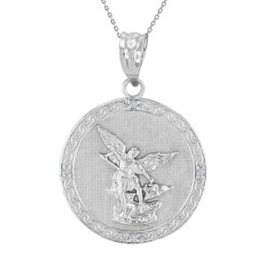 .925 sterling silver saint michael the archangel white cubic zirconia accented 1” medal pendant necklace with rolo chain - 20" chain