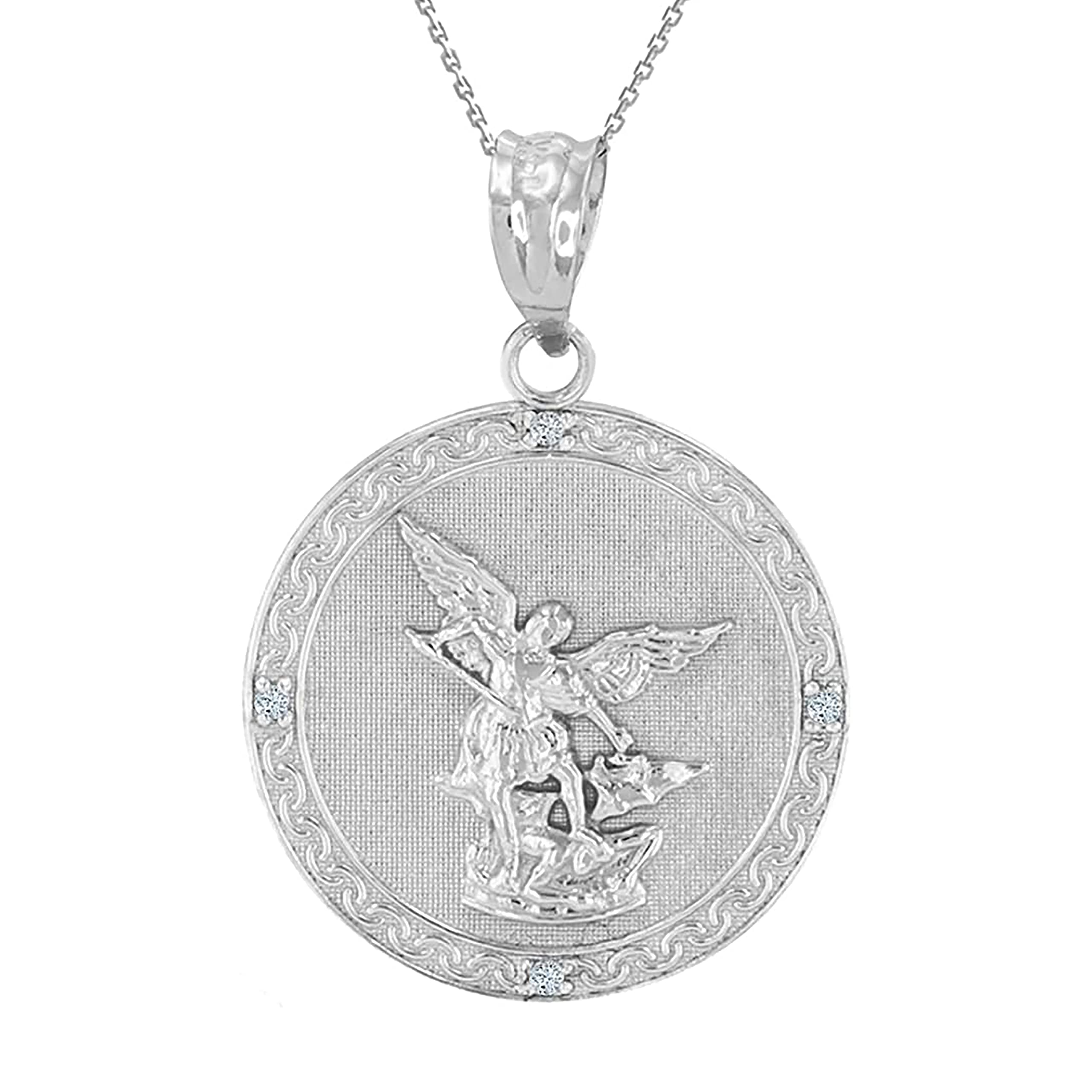 .925 Sterling Silver Saint Michael The Archangel White Cubic Zirconia Accented 1” Medal Pendant Necklace with Rolo Chain - 20" Chain